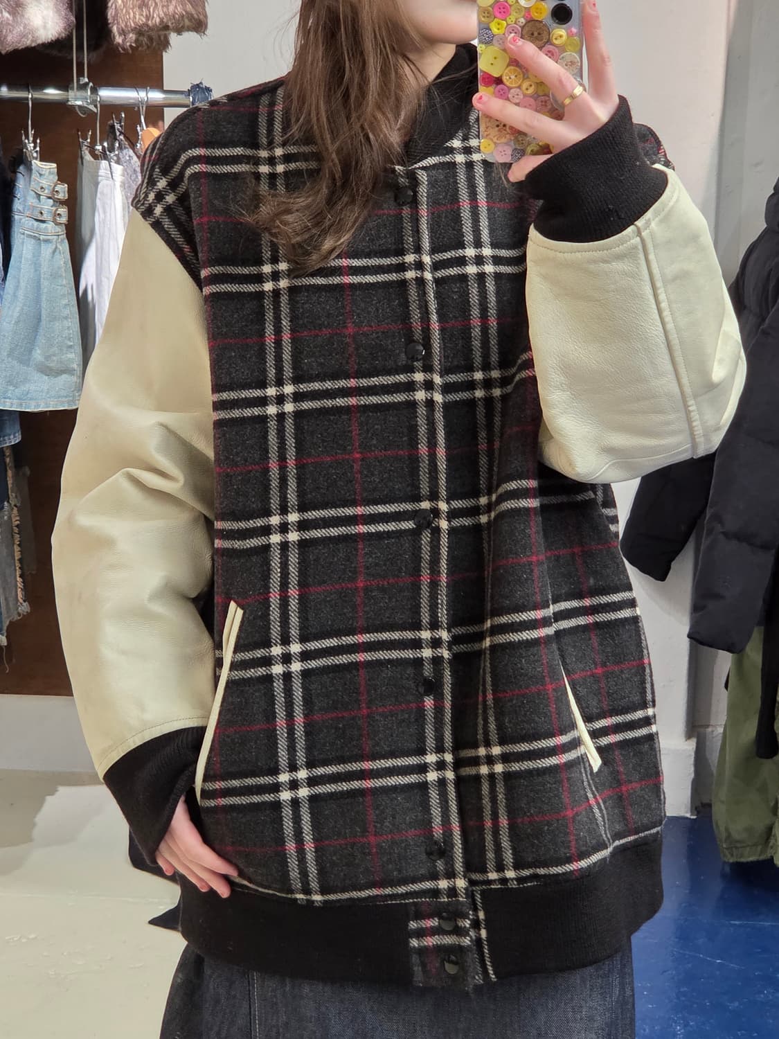 Japanese vtg 노바체크 돈피 레더 바시티 자켓 상품이미지2