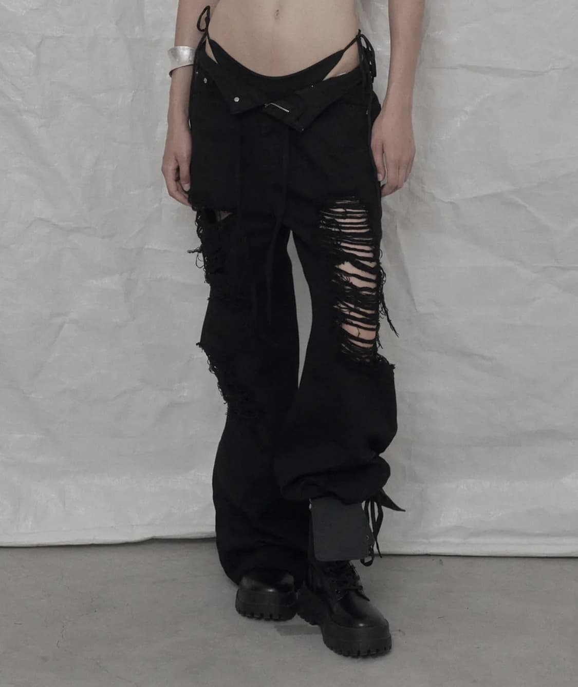 어니브 스크래치 데미지 와이드 데님 팬츠 블랙 바지 찢청 상품이미지1