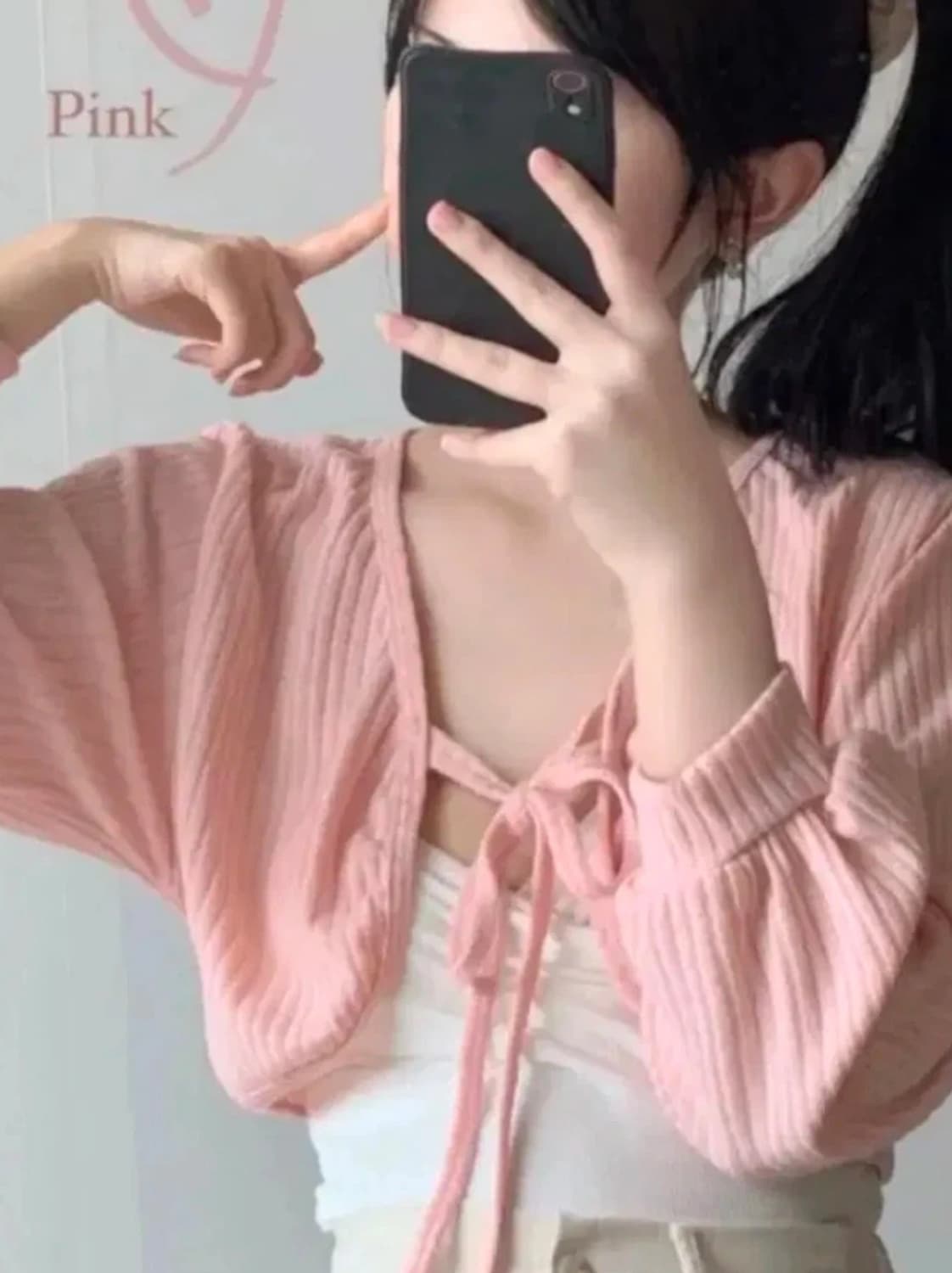 핑크 리본 크롭 볼레로 가디건 상품이미지5