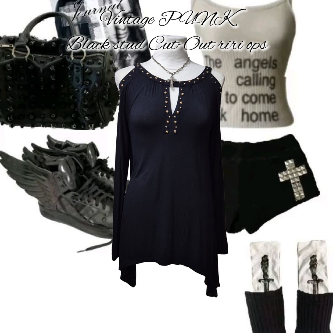 Vintage PUNK Black stud Cut-Out riri ops 상품이미지1