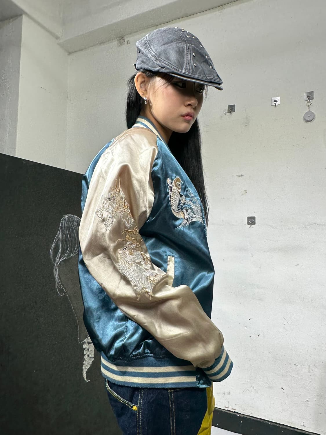 Jpn 일본빈티지 오리엔탈 네이비 민트 용 스카잔 자켓 상품이미지4