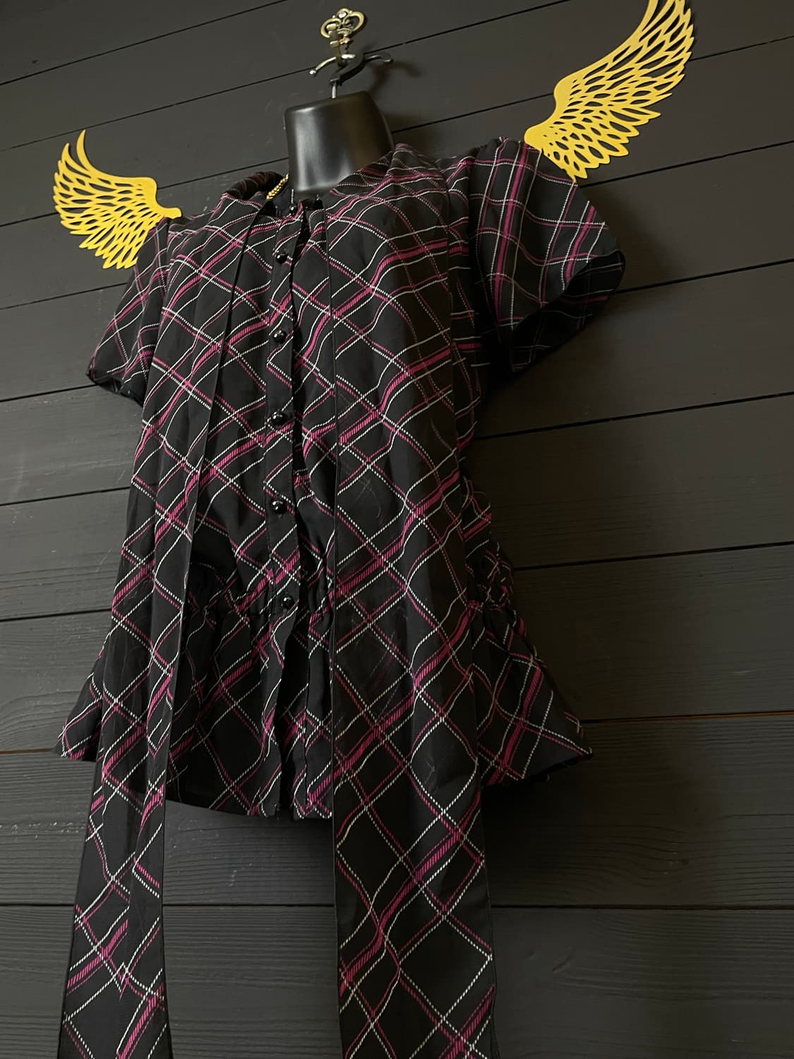 JPN 갸루 핑크 체크 패턴 블랙 쉬폰 블라우스 셔츠 탑 상품이미지4