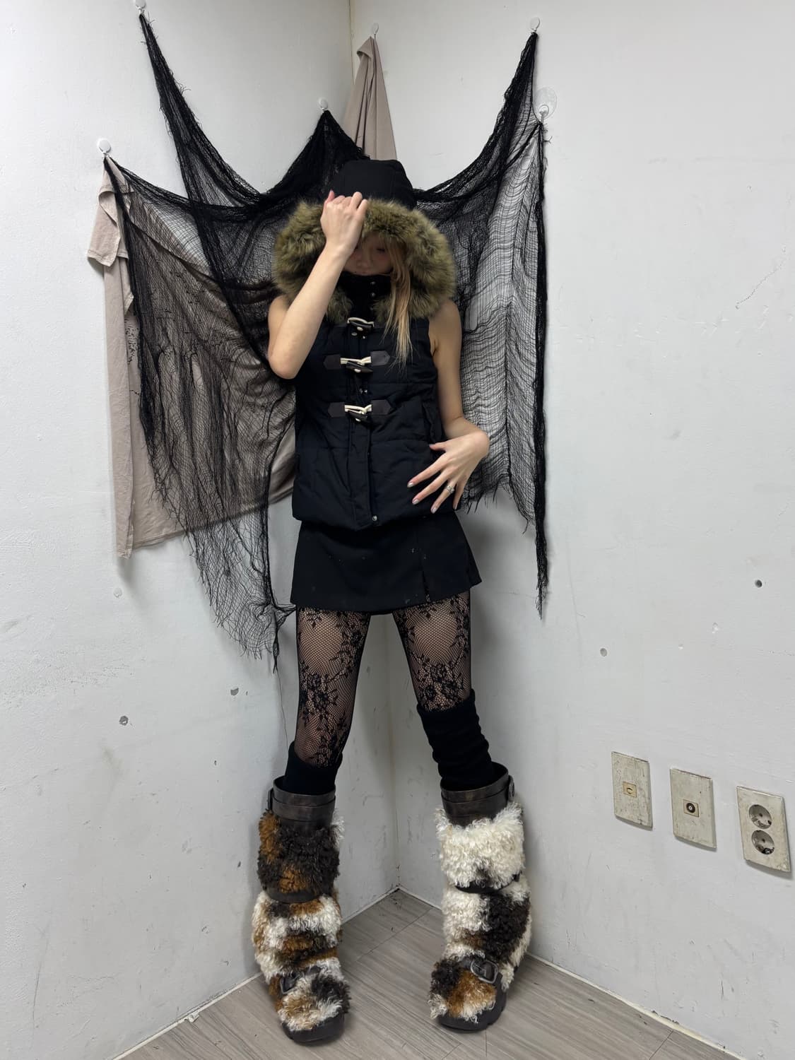 Y2K Fur Hoodie Navy Vest 상품이미지2