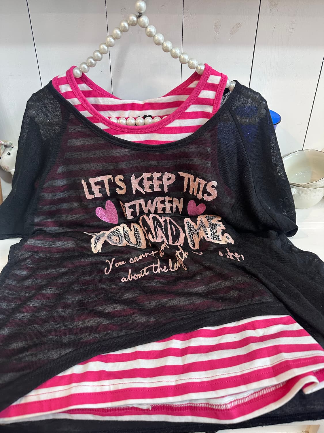 시스루 블랙 티셔츠 + 핑크 스트라이프 나시 세트 상품이미지3