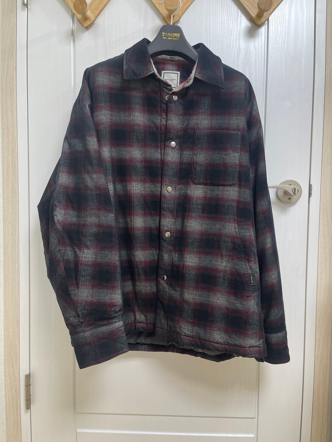 우영미 코듀로이 체크 후드 셔츠 레드 50사이즈 상품이미지1