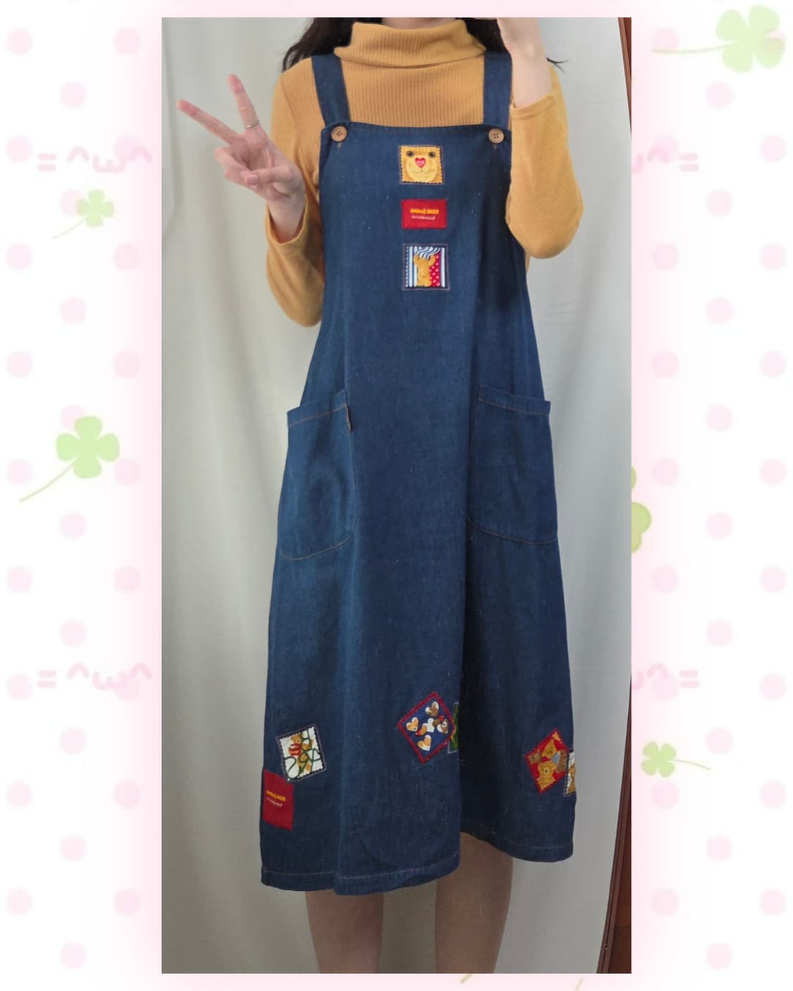 곰돌이 패치워크 데님 멜빵원피스 상품이미지1