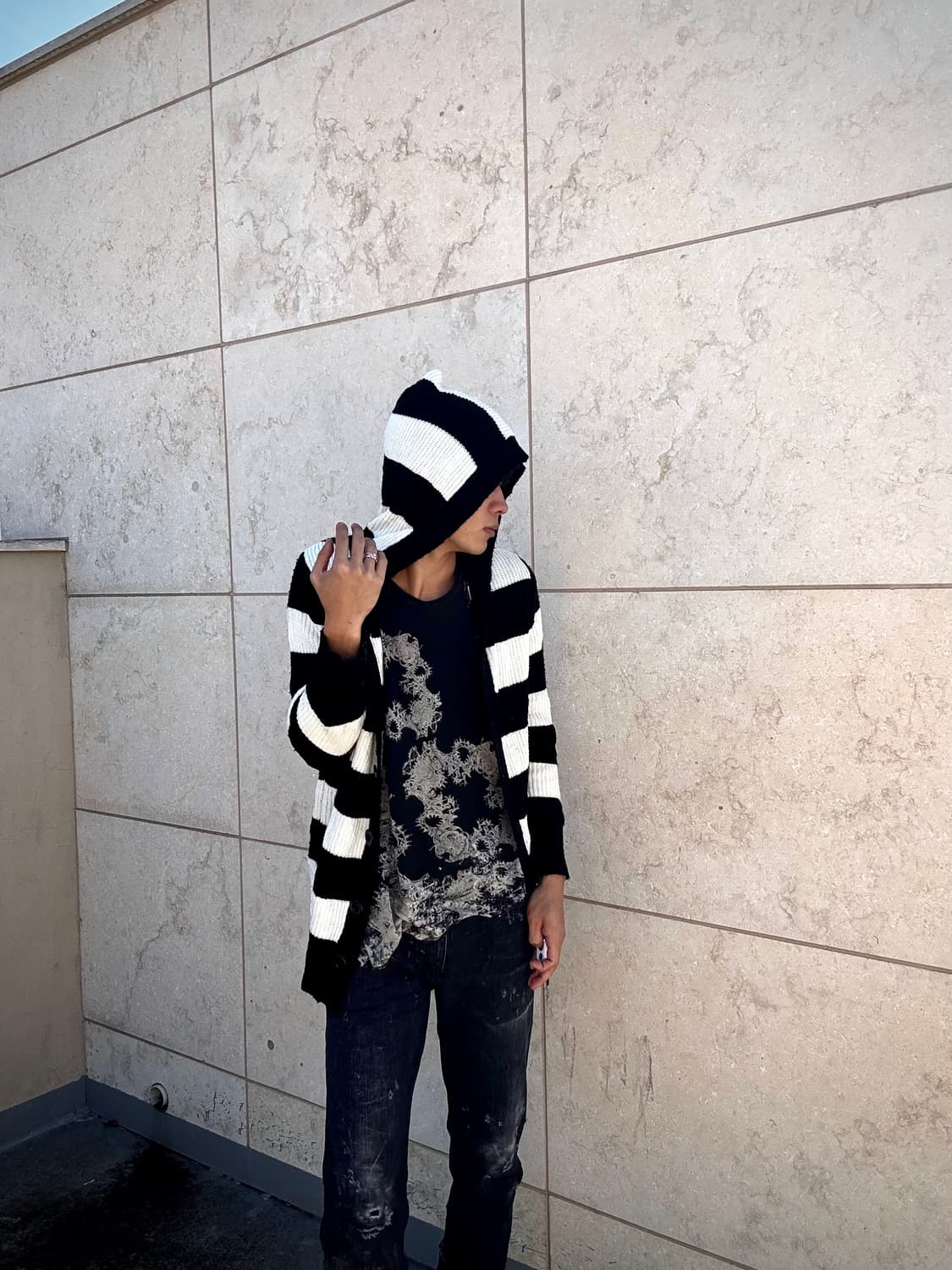 Black&White Stripe Hoodie Knit Cardigan 상품이미지2