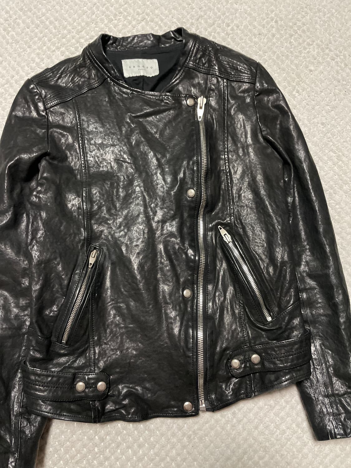 SANDRO Y2K 웨스턴 무드 램스킨 양가죽 바이커 절개 레더 자켓 상품이미지6