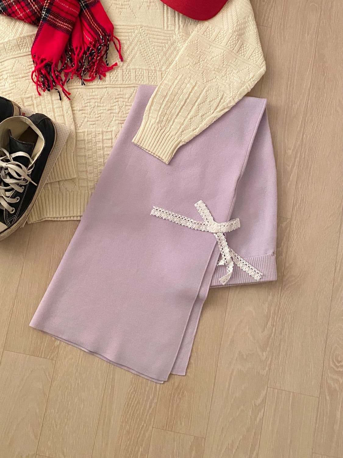 Lavender Lace Ribbon Knit Long Skirt 상품이미지3