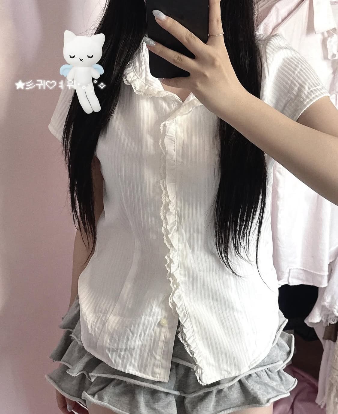 일본빈티지 핀터깔 로걀 실버 스트라이프 화이트 레이스 프릴 셔츠 블라우스 상품이미지1