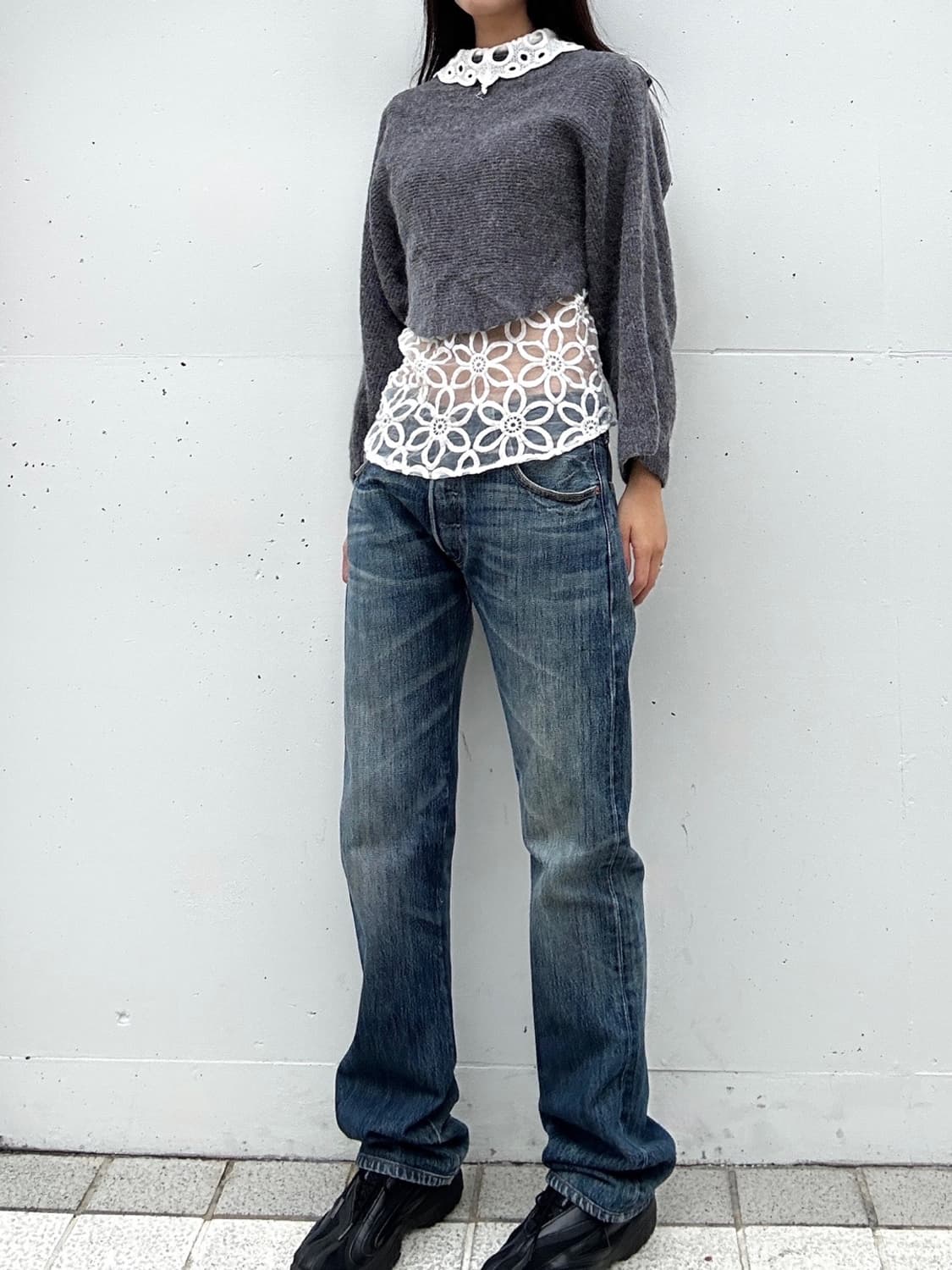 Short vertical open knit / grey 상품이미지4