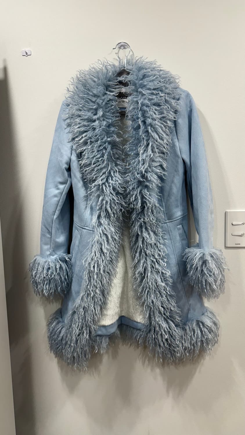 몽골리안 페이크퍼 트리밍퍼 코트 블루 상품이미지5