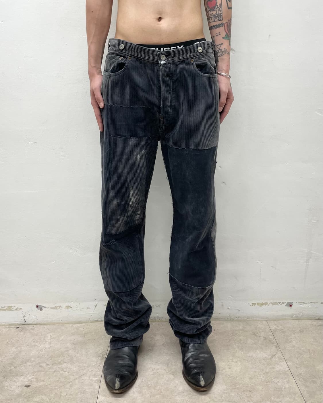 Patchwork washed corduroy navy pants 상품이미지1