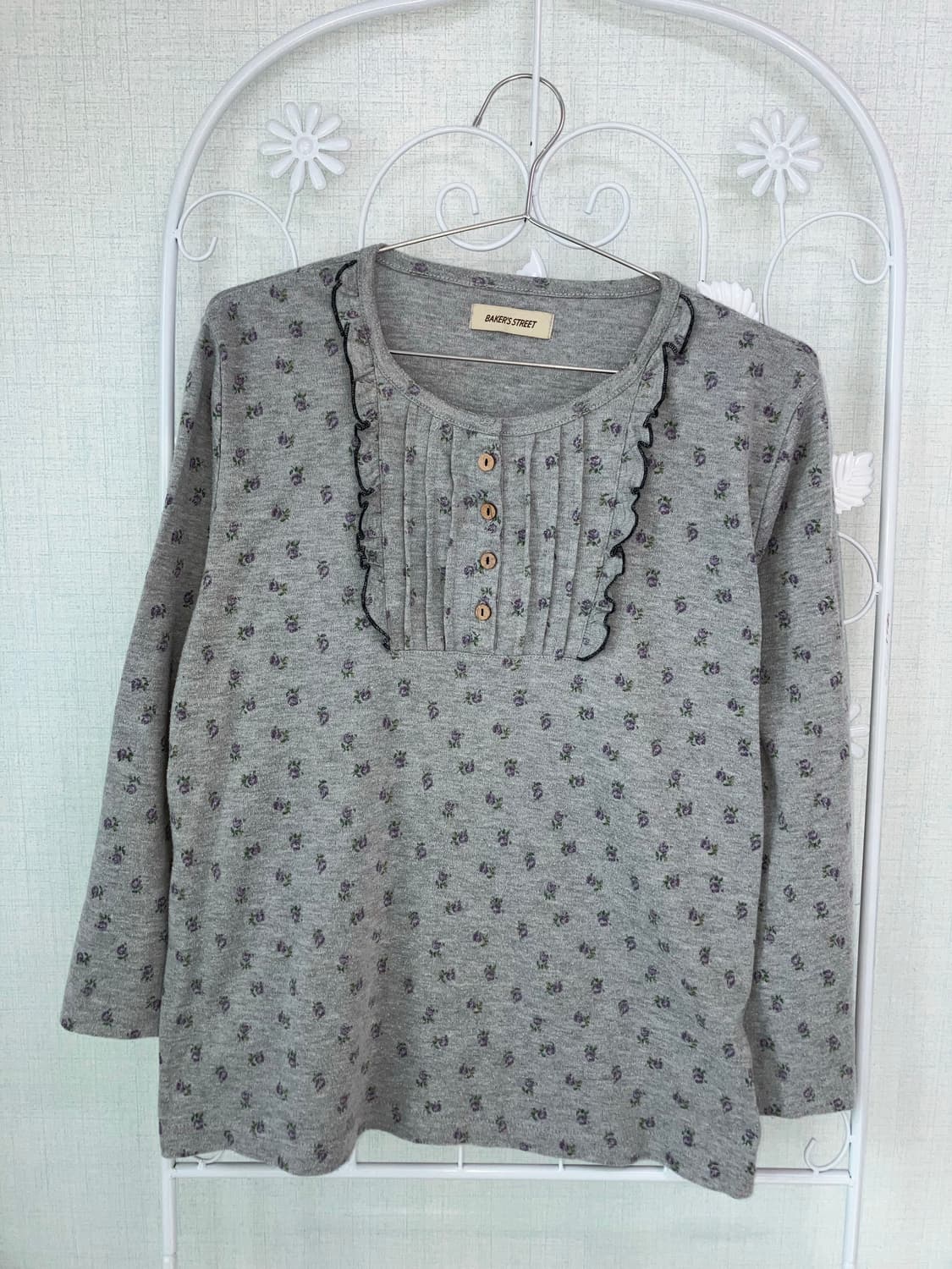 jpn vintage 그레이 플라워 패턴 레이스 롱 슬리브 y2k 스트릿 상품이미지4