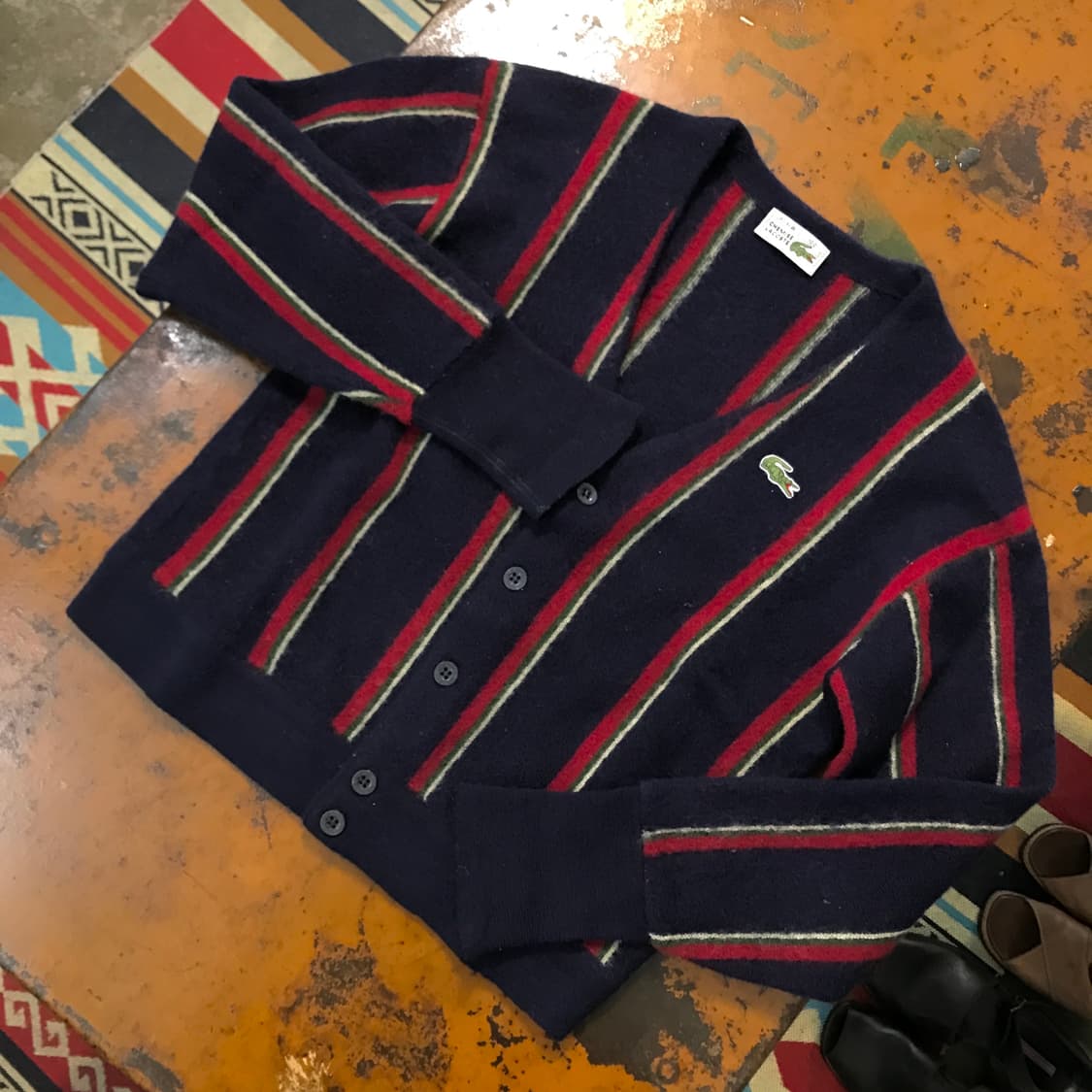 90s 라코스테 네이비 스트라이프 울 크롭 가디건 여성 55 사이즈  상품이미지1
