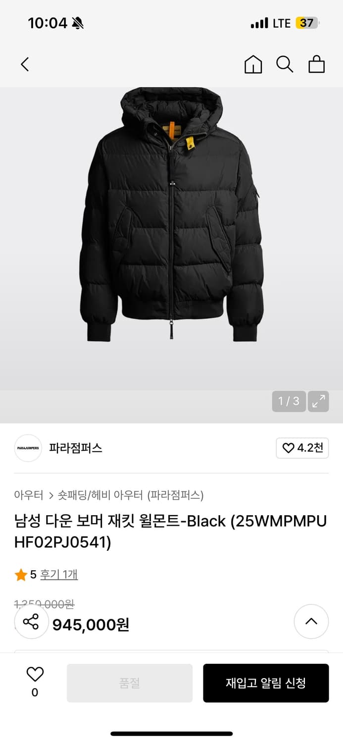 파라점퍼스 윌몬트 블랙 패딩 L 상품이미지1