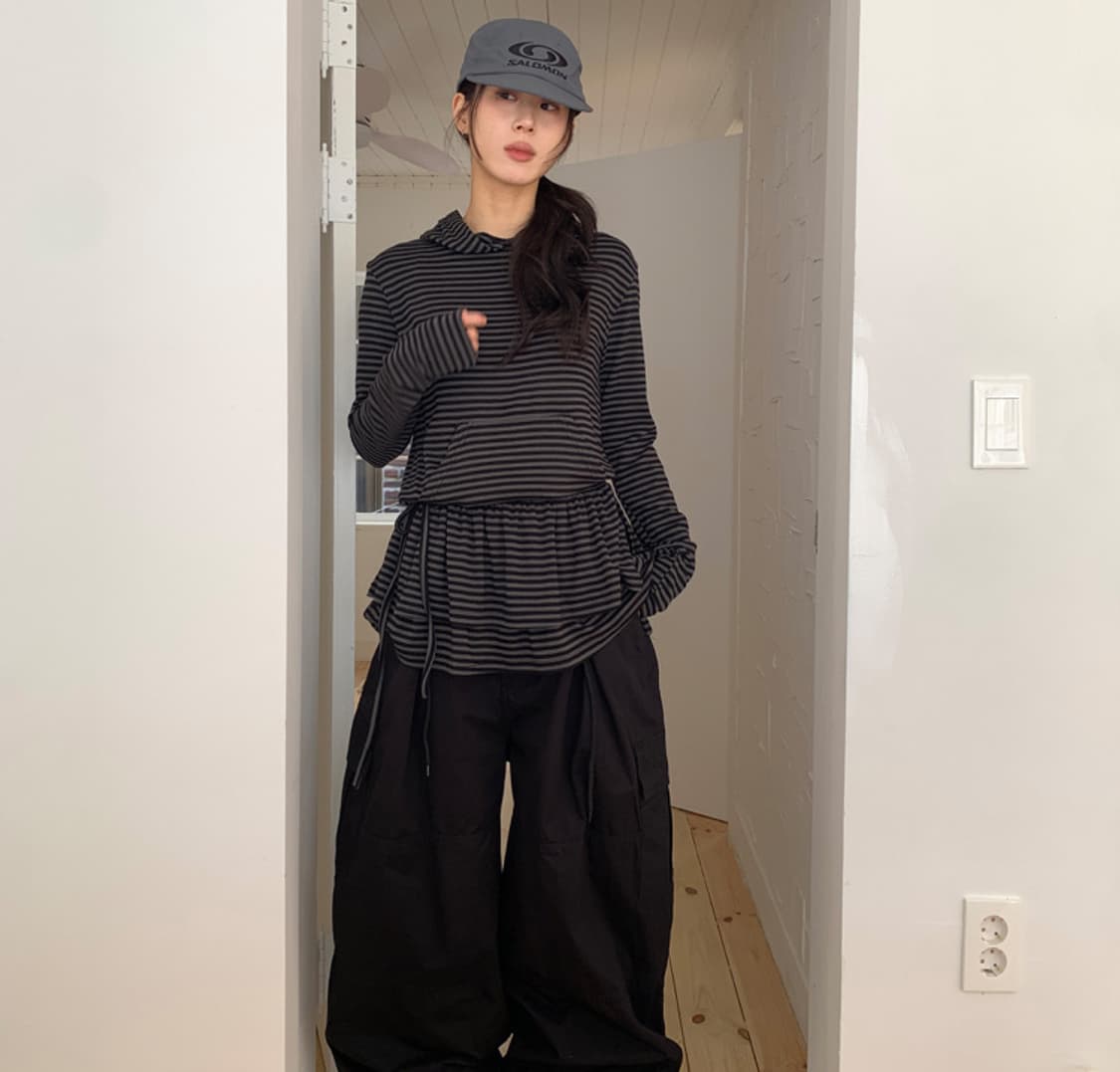 스트라이프 레이어드 후드티 슬리브리스 롱슬리브 릿킴 상품이미지2