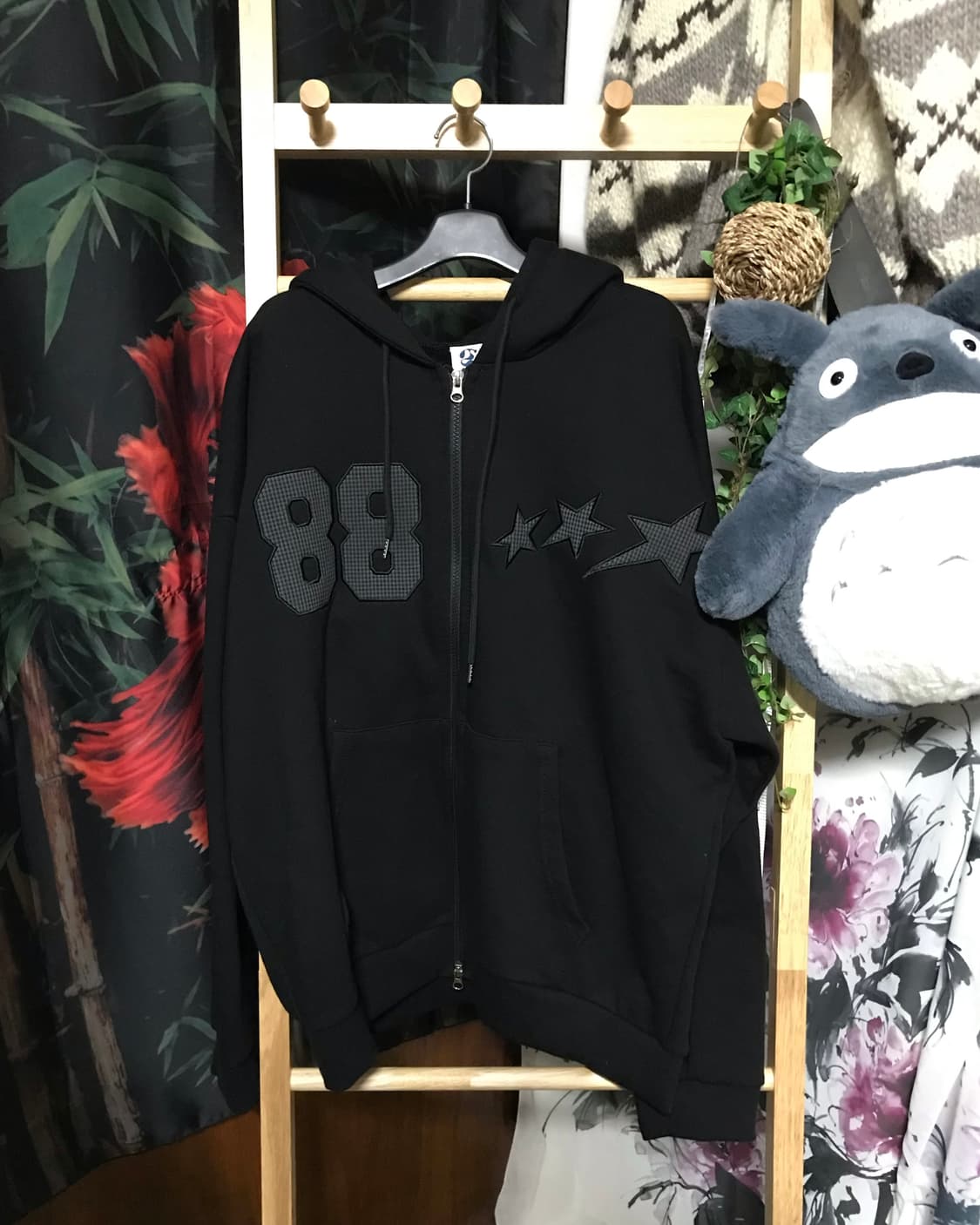 빈티지 블랙 스타패치 자수 투웨이 후드집업 상품이미지1