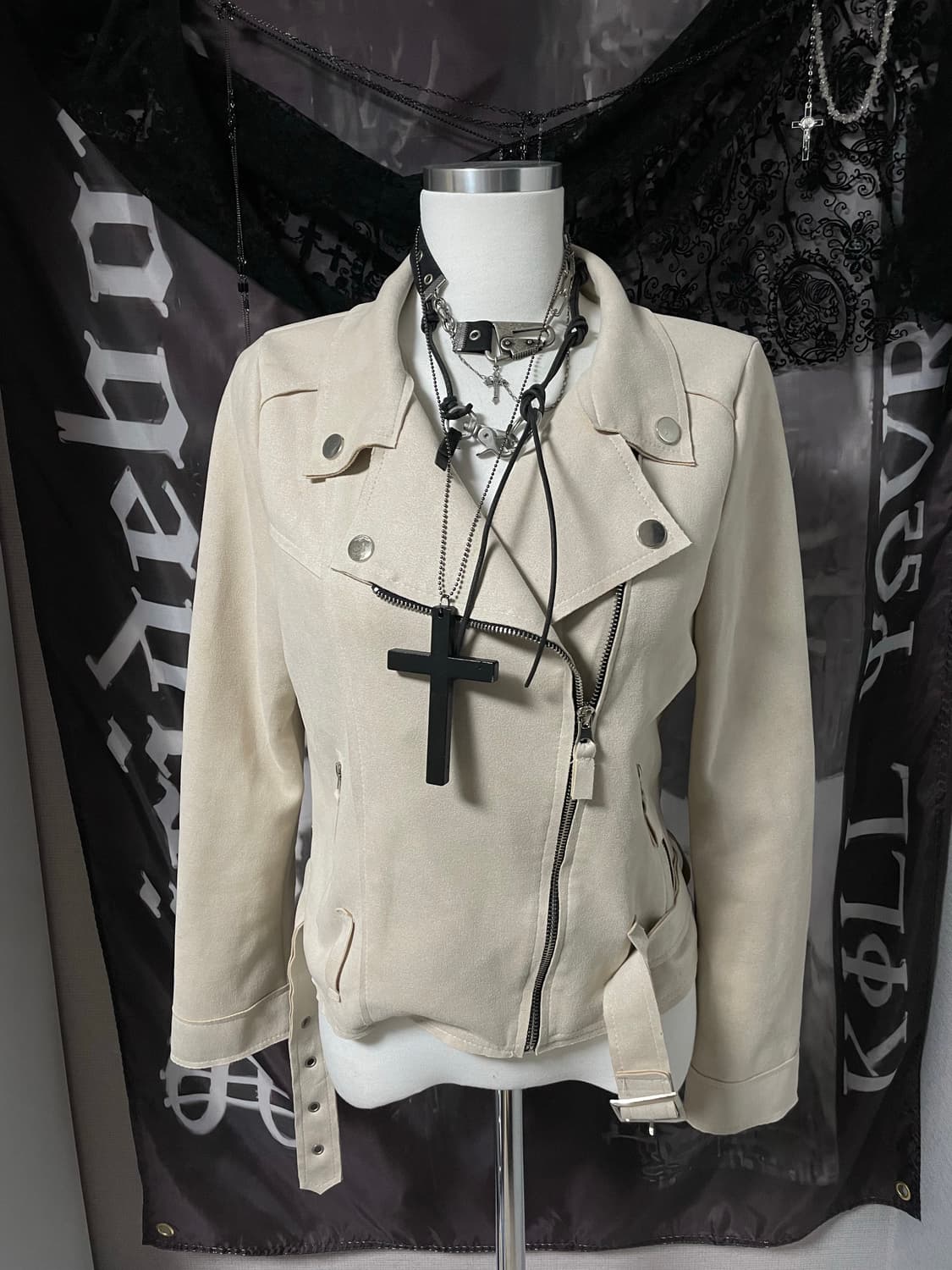 00s 핀터레스트맛 아이보리 비대칭 사선지퍼 벨티드라이더자켓 오네갸루 상품이미지1
