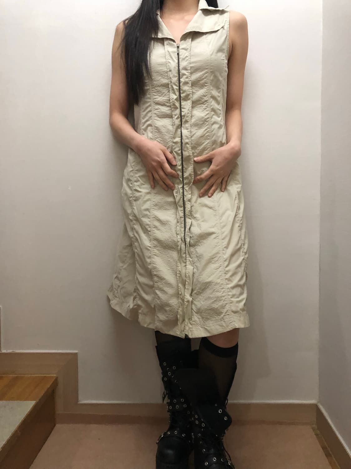 빈티지 베이지 셔링 롱 원피스 상품이미지6