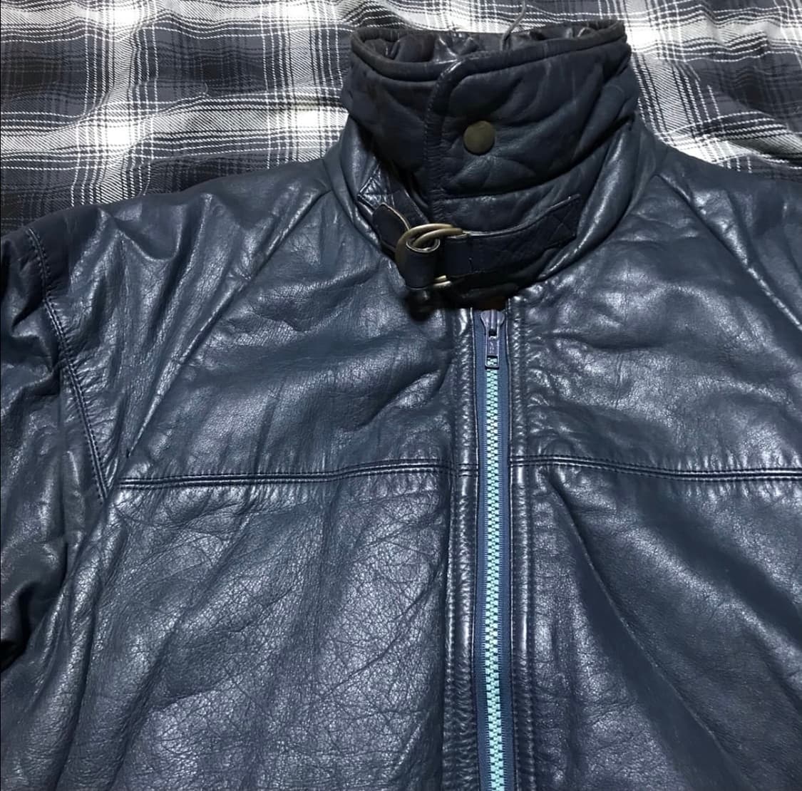 레어 - 재팬 빈티지 블루 블랙 리얼레더 소가죽 패딩 상품이미지2