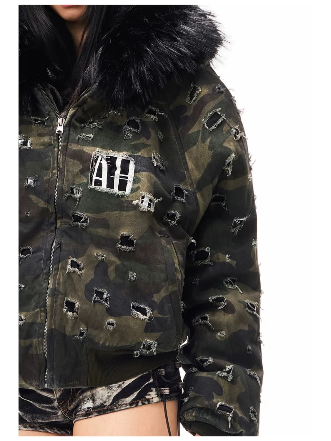 Damaged Black Fur Bomber 상품이미지5