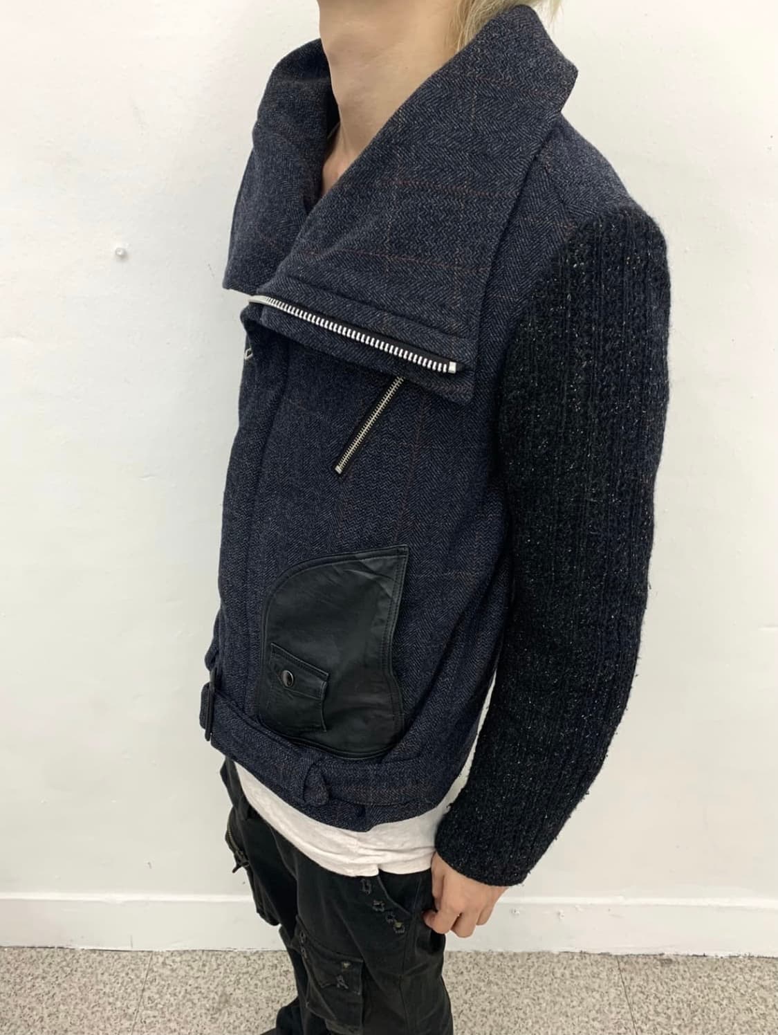 high neck leather patch knit jacket 상품이미지8