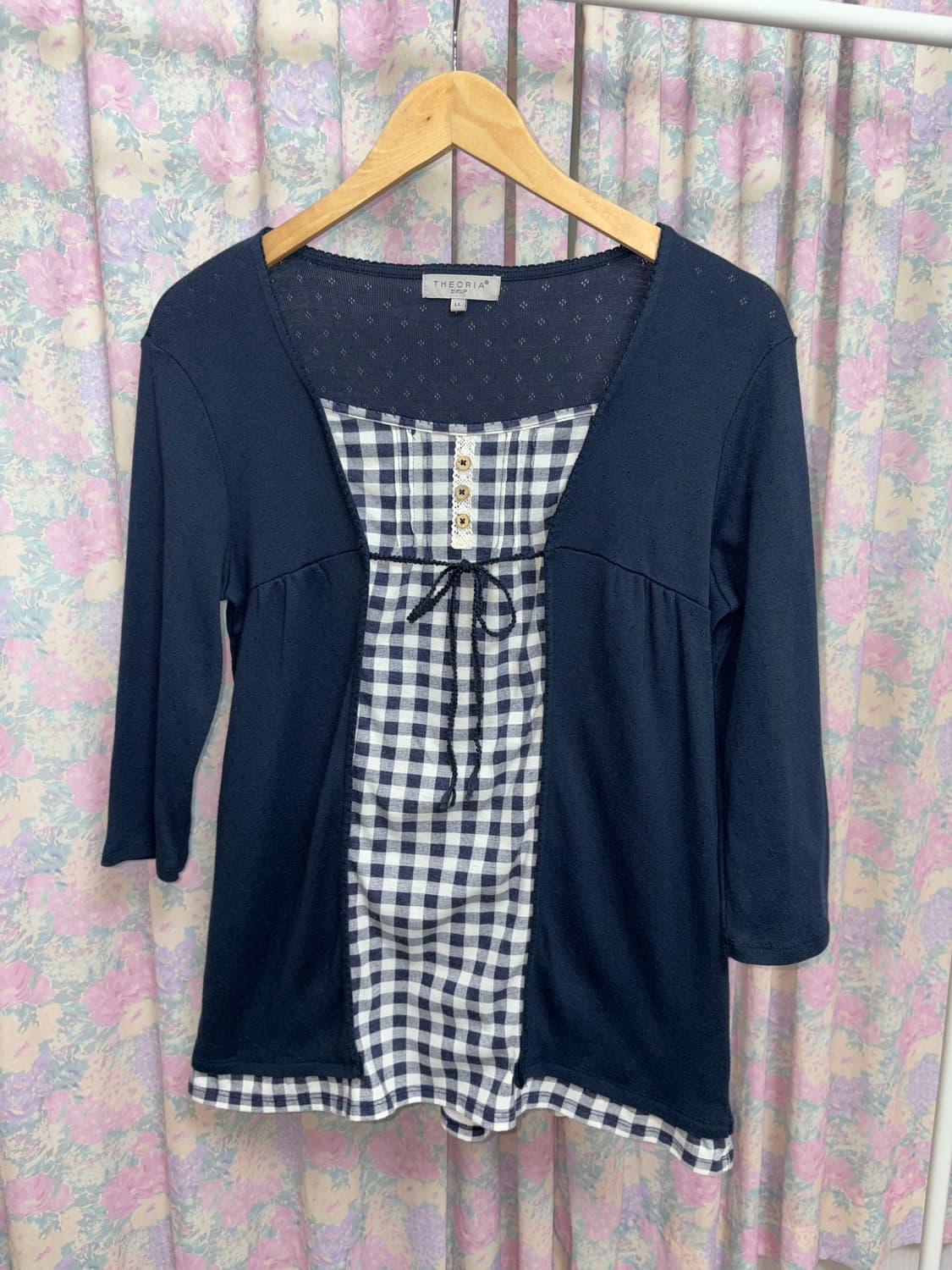 네이비 체크 레이어드 블라우스 상품이미지5