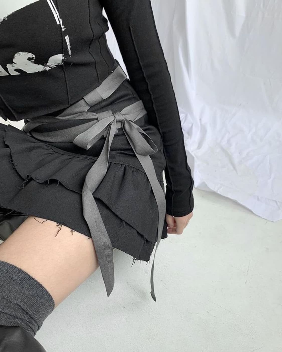 드라이로즈 롱 테이프 프릴 미니스커트 빈티지 깔 상품이미지1