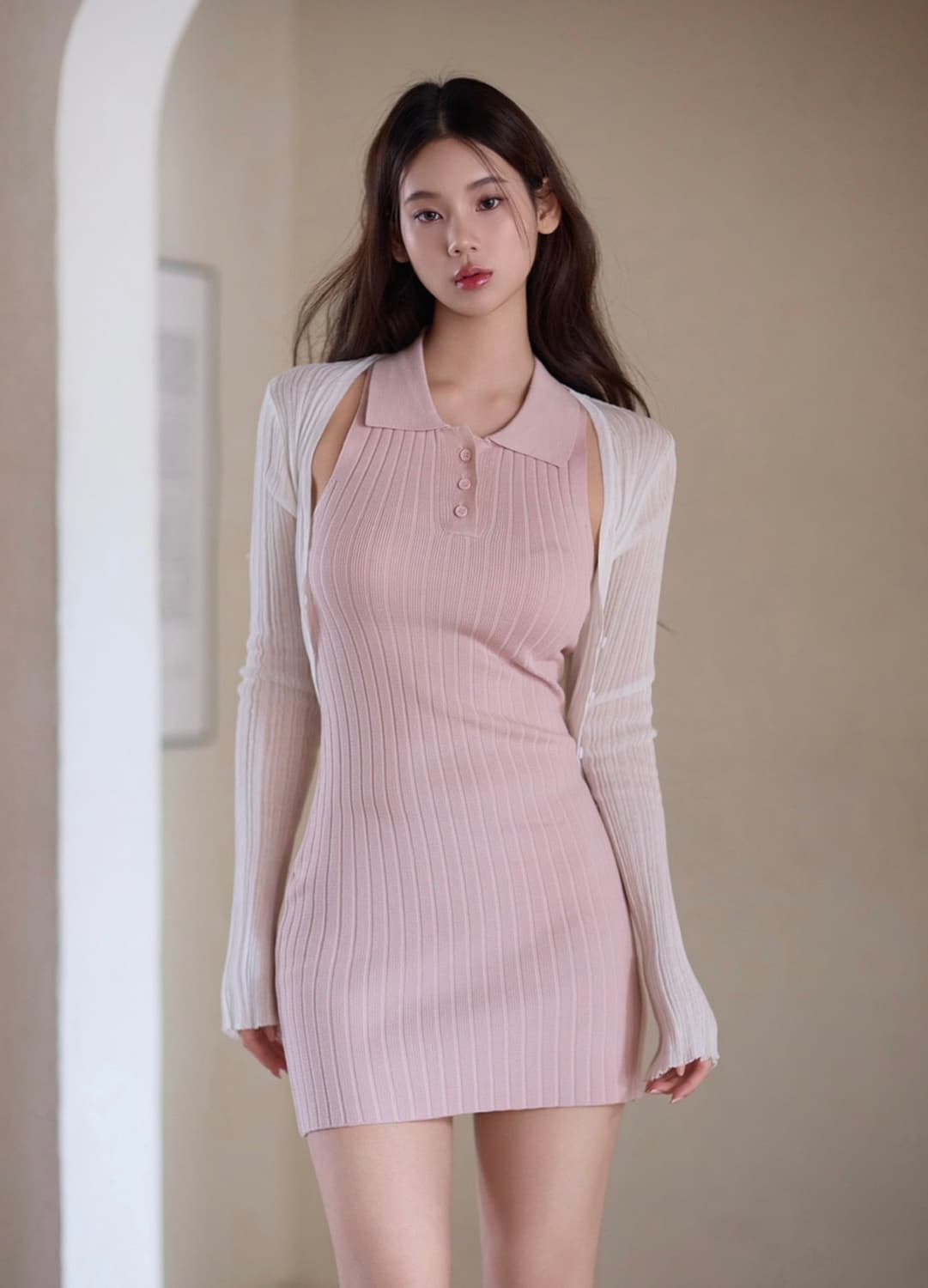 카인다미 니트 셔츠 원피스 핑크 상품이미지1