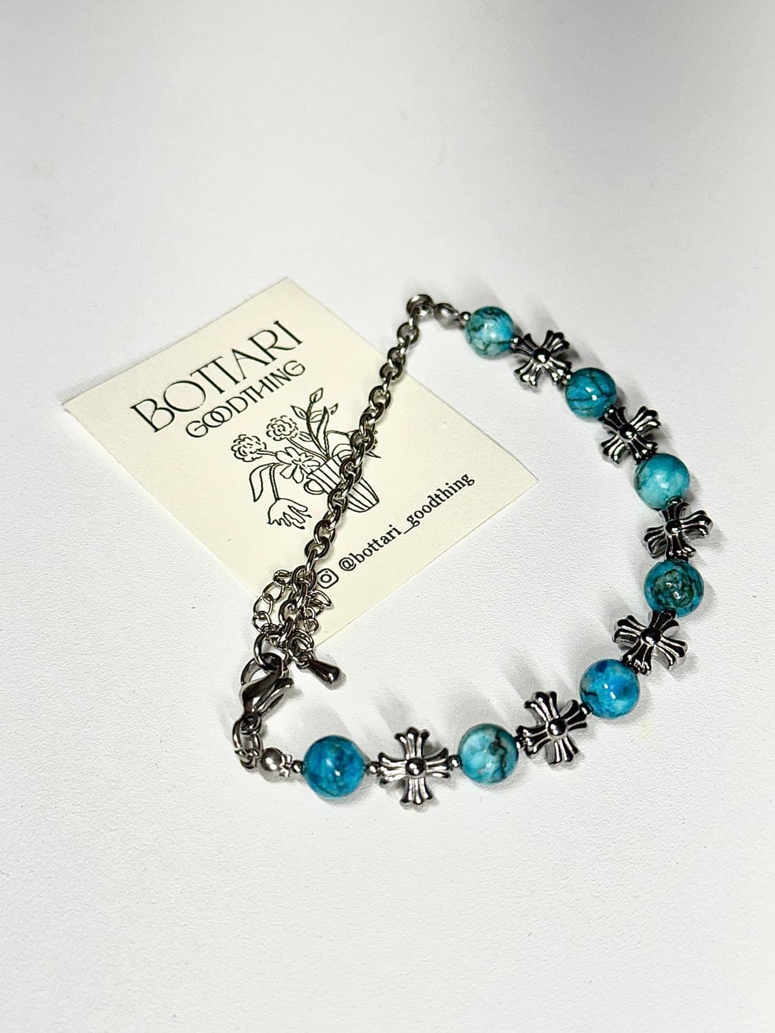 (핸드메이드) 천연석 터키석 써지컬 크롬십자가 원석팔찌 상품이미지1