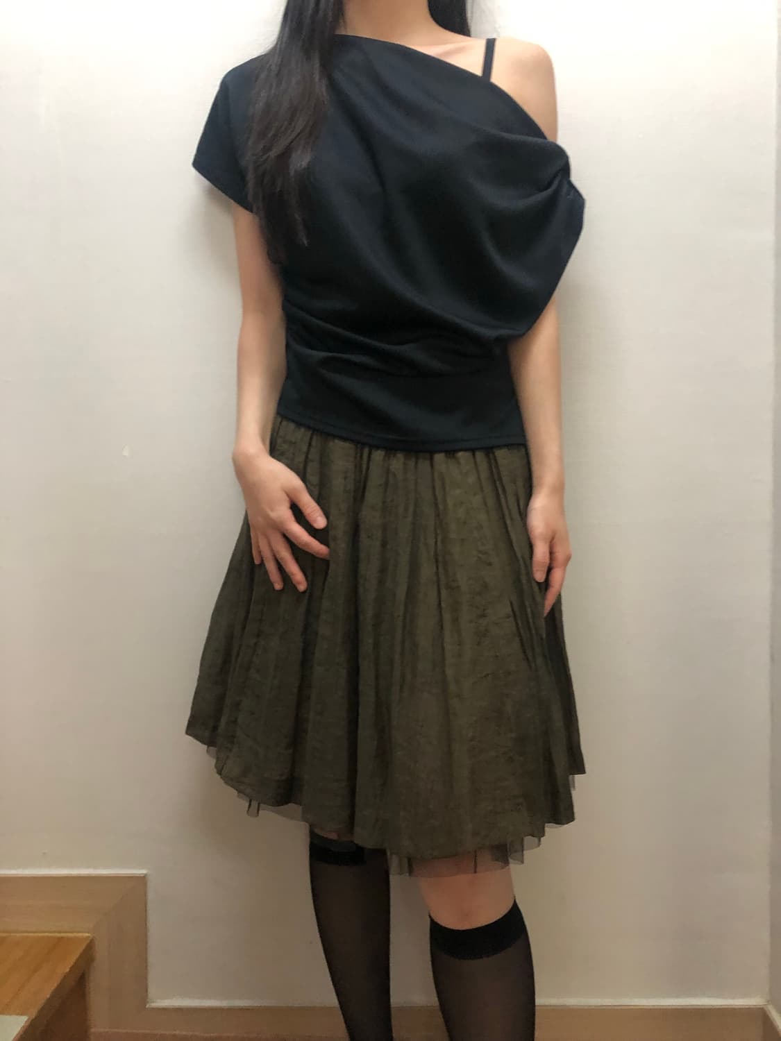 빈티지 카키 레이스 미디 스커트 상품이미지1