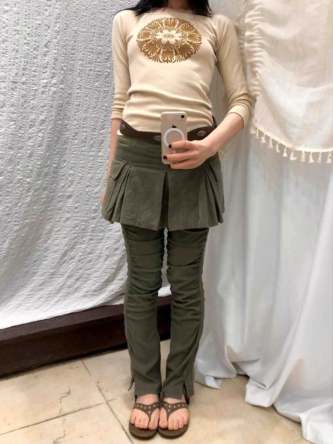Khaki shirring leggings 상품이미지3