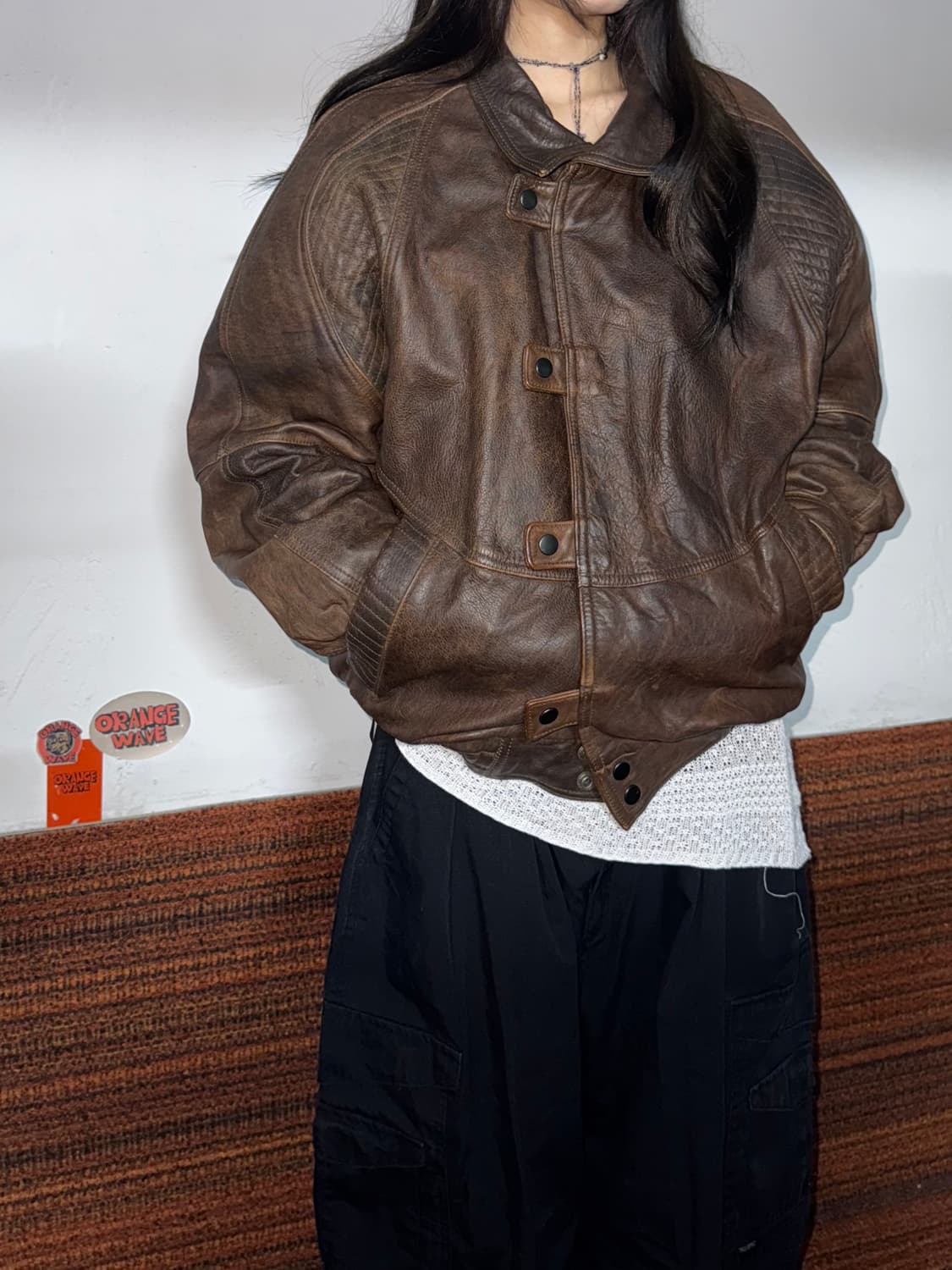 빈티지 스냅버튼 레더 봄버자켓 상품이미지8