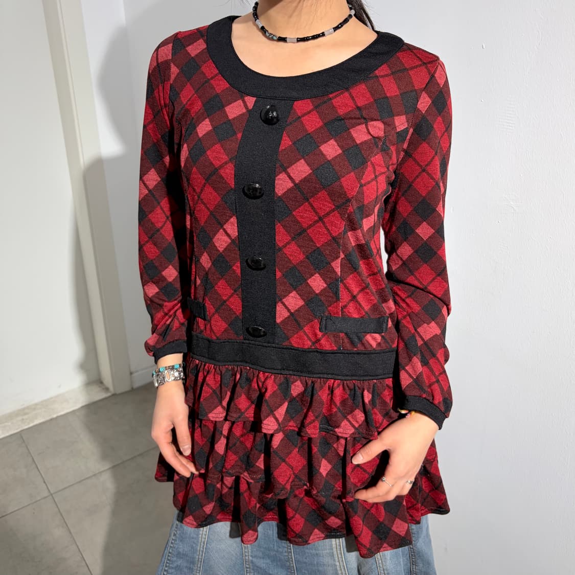 고스 체크 프릴 원피스 레이어드 티셔츠 상품이미지2