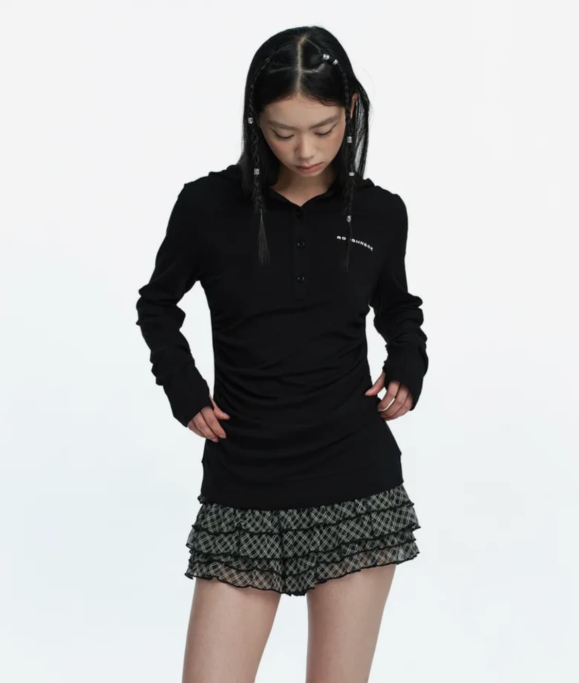 러프넥 헨리 후드 롱 슬리브 탑 블랙팝니다 상품이미지2