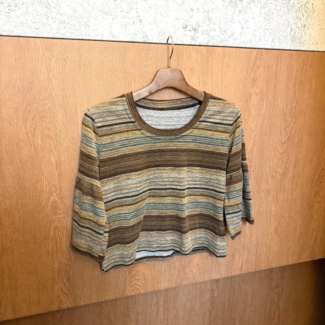 빈티지 코튼 7부 티셔츠 배색 스트라이프 패턴 라운드넥 디테일 브라운 상품이미지1