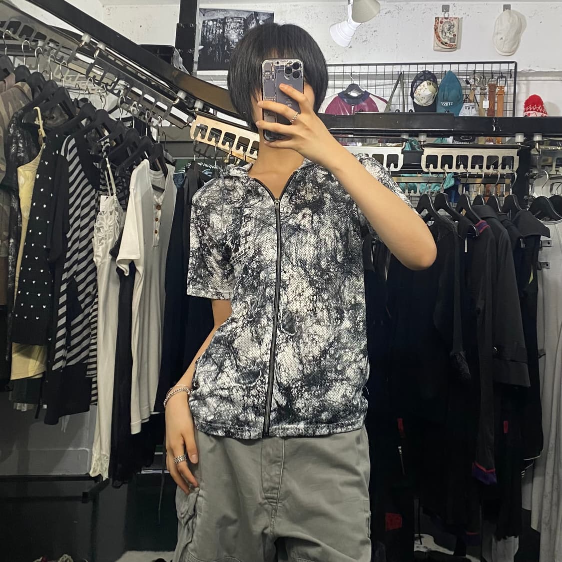 Beaumere 펑크 패치 타이다이 메쉬 반팔 후드집업 상품이미지8