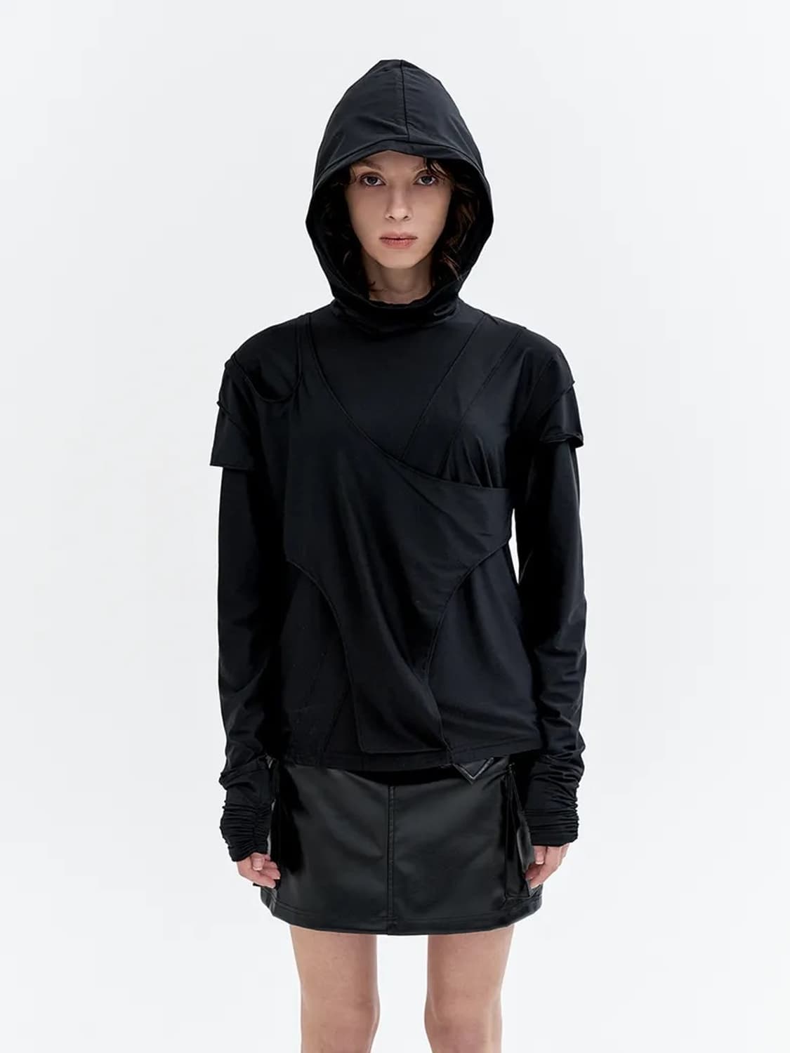 LEEY YEEL CUFFS SHIRRING LAYERED HOODED 상품이미지1