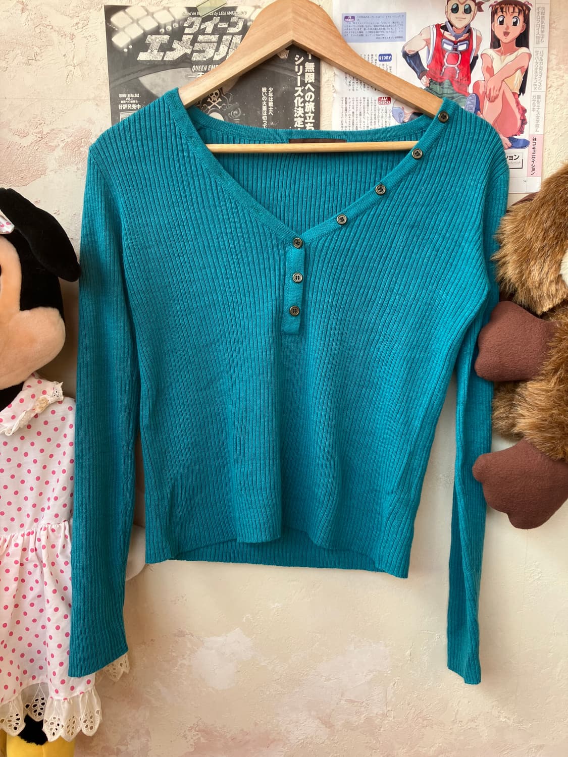 jpn 청민트 오프숄더 골지 니트 상품이미지2