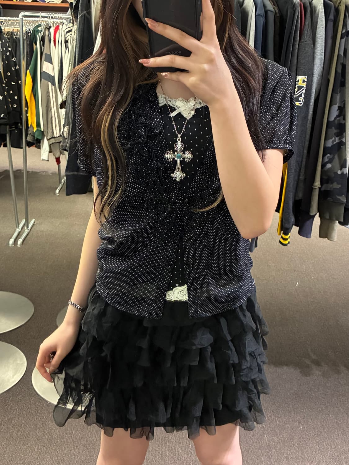 L)Japanese vintage 여성 도트무늬 프릴 시스루 블라우스 상품이미지1