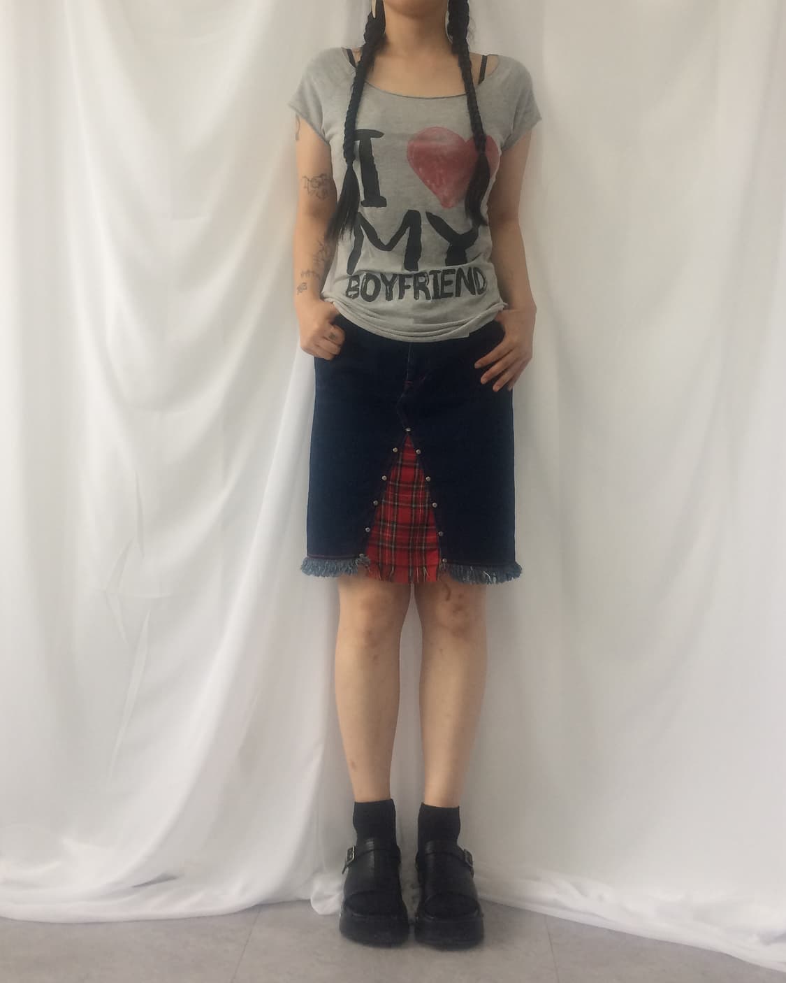 Patch point fringe denim midi skirt 상품이미지5