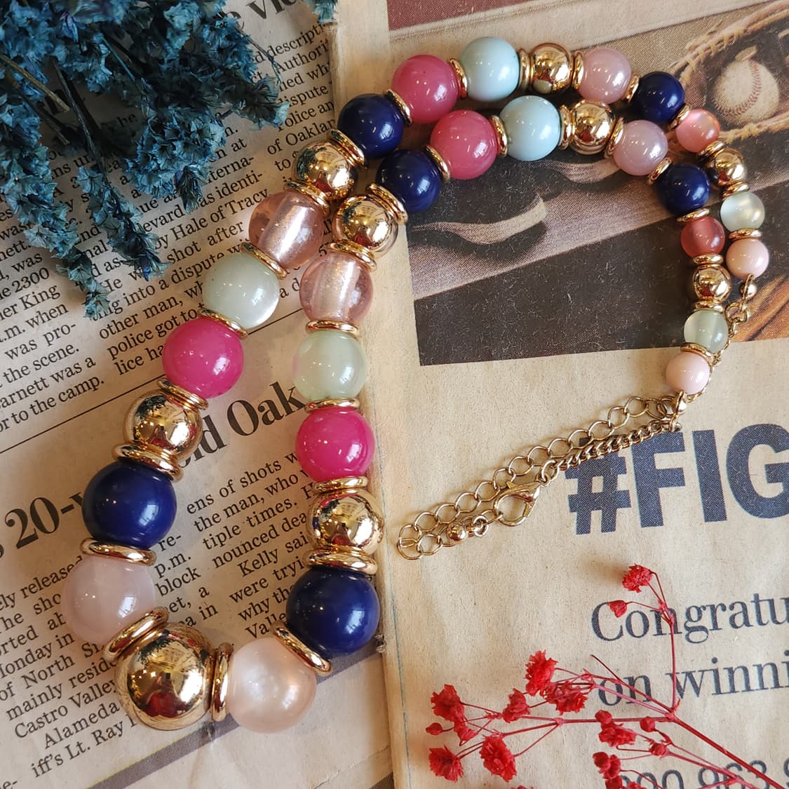 90s 프랑스 빈티지 앤티크 골드 포인트 멀티 컬러 비즈 목걸이 상품이미지2