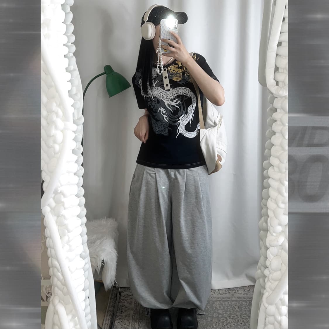 블랙 용 프린팅 헨리넥 반팔 티셔츠 상품이미지3