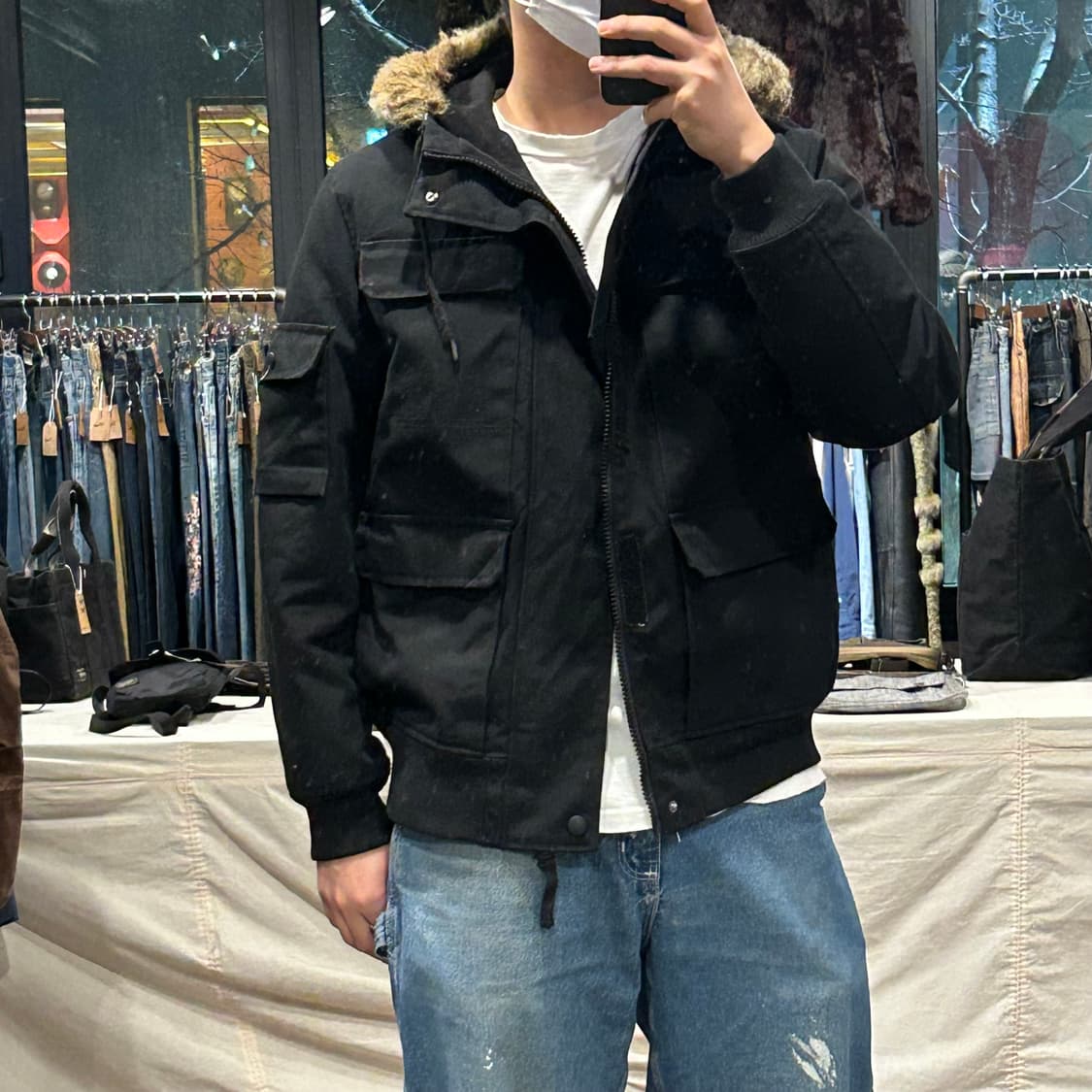 M) H&M 블랙 후드 퍼 패딩 점퍼 상품이미지8