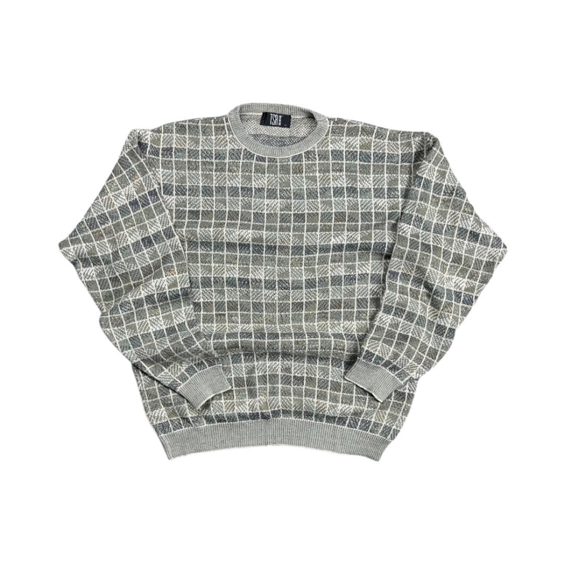 XL) 빈티지 USA 멀티그레이 체크 라운드 니트 스웨터 TK-029 상품이미지1