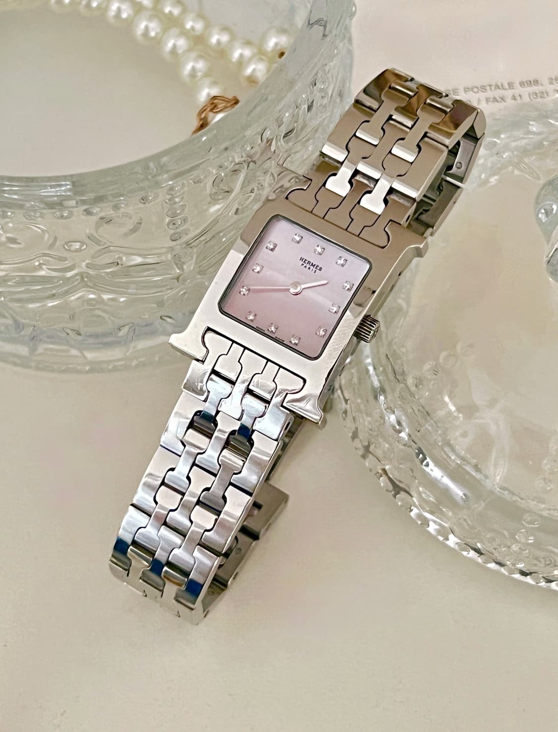 HERMES 에르메스 12p 다이아 핑크 쉘 H 아워 시계 상품이미지4