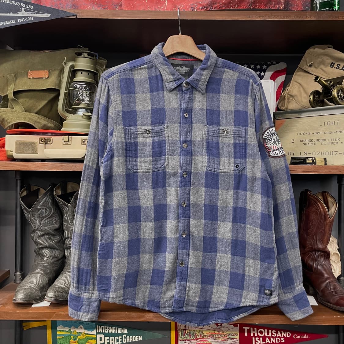 할리데이비슨 모터 사이클 암 패치 로고 멀티체크 포켓 셔츠 상품이미지1