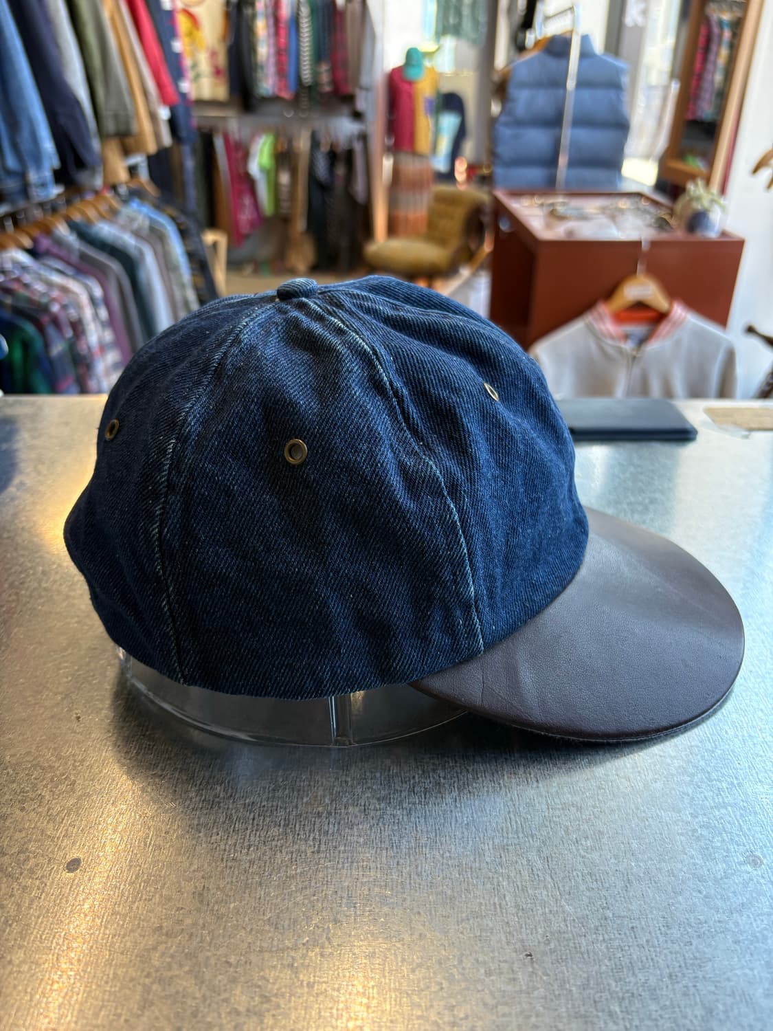 90s USA 에디바우어 리얼 레더 데님 캡 상품이미지2