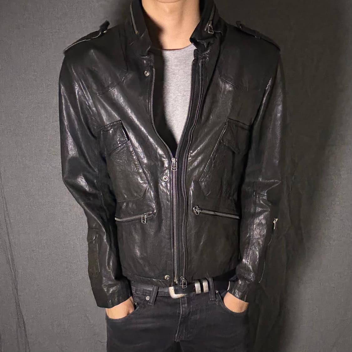 double zip-up lamb skin leather jacket 상품이미지2